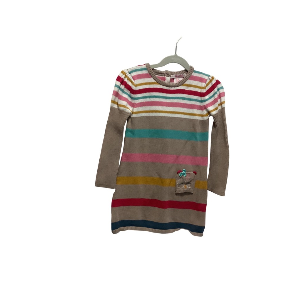 Lilly Wicket Sweater Dress Toddler Girls 3T Tan Pink Striped Owl Pocket Cotton
